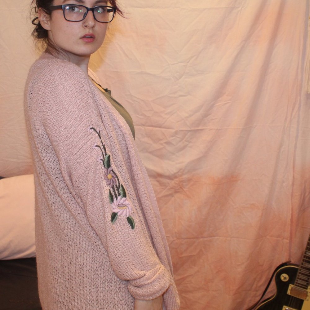 Pastel Pink Cardigan with Floral Embroidery